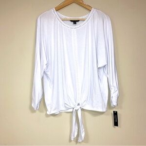 White Blouse Women’s Large Shirt Crochet Shoulder Tie Hem Long Sleeve Flowy Top